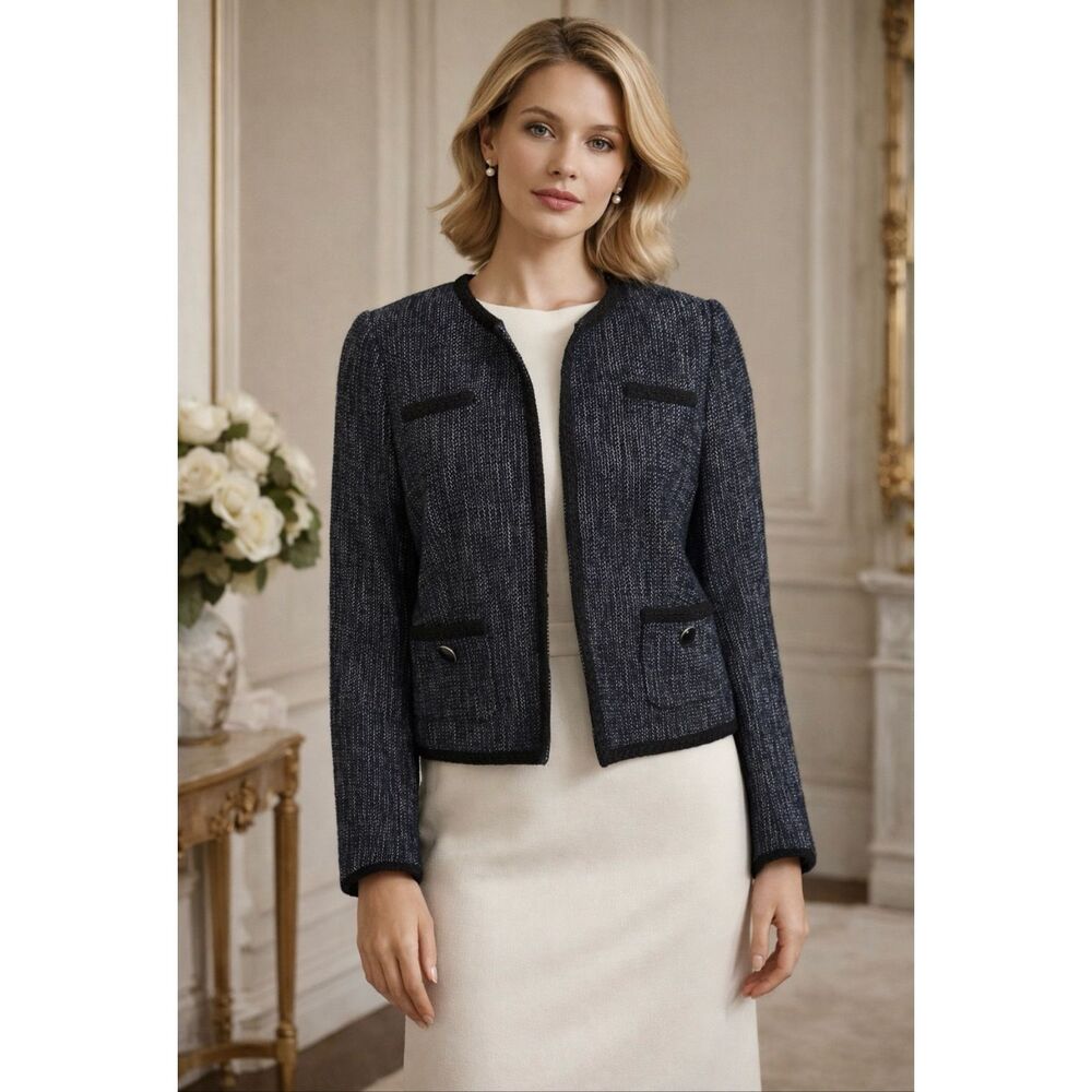 Hobbs London Navy Tweed Jacket Blazer US 8 Cropped Bouclé Wool Blend